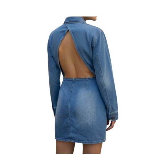 FashionNova Distressed Denim Shirt Dress with Open Back – Size Large - Picture 4 of 4